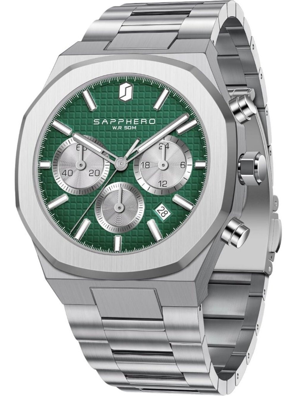 Mens Silver Strap Silver Green Stainless Steel Octagonal Date Quartz Watch